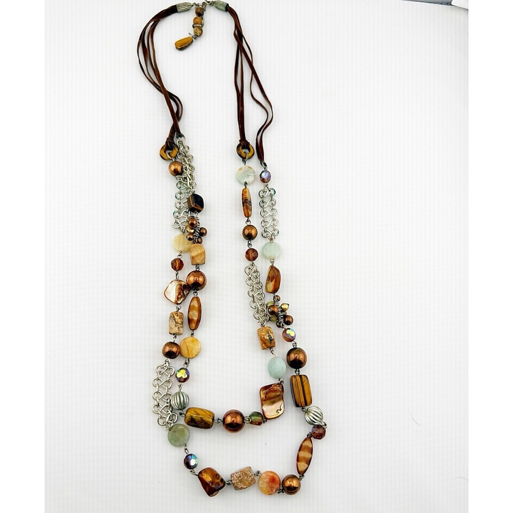 Vintage Y2K Bohemian Earth tone Statement Necklace, Double Strand. 16" Length